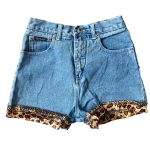 Route 66 Vintage High Waisted Denim Shorts Leopard Trim Light Wash Womens